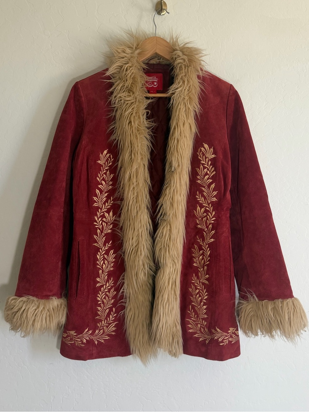 Penny Lane Y2K Collection B Suede Coat Faux Fur Trim Burgundy Embroidered M